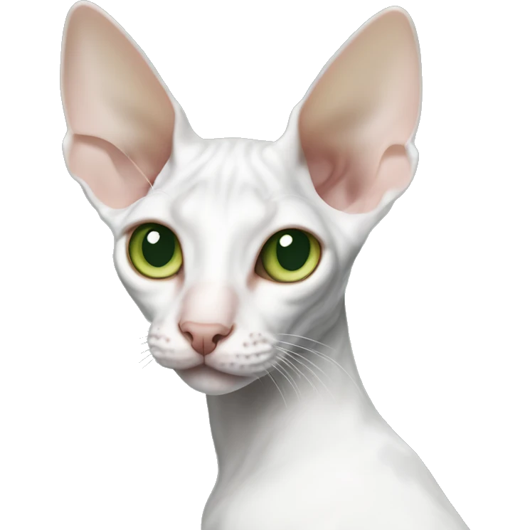 The Cornish Rex cat is white, with a gray spot on her coat near her right eye. The eyes are green emoji