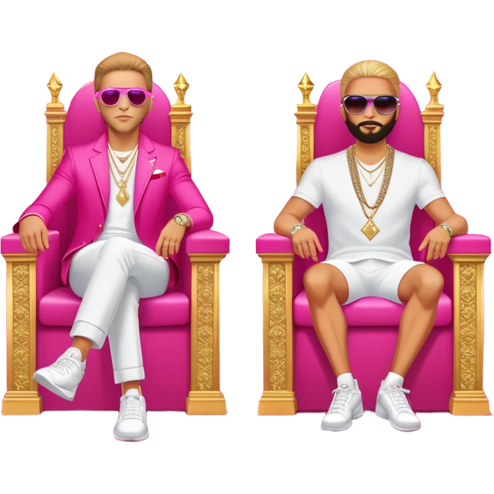 Celebrity millionaire entrepreneur Branden Condy & Alex Hormozi, designer fit, 3 diamond tennis chains, seated on a massive gold throne, sunglasses on, hot pink private jet behind him emoji