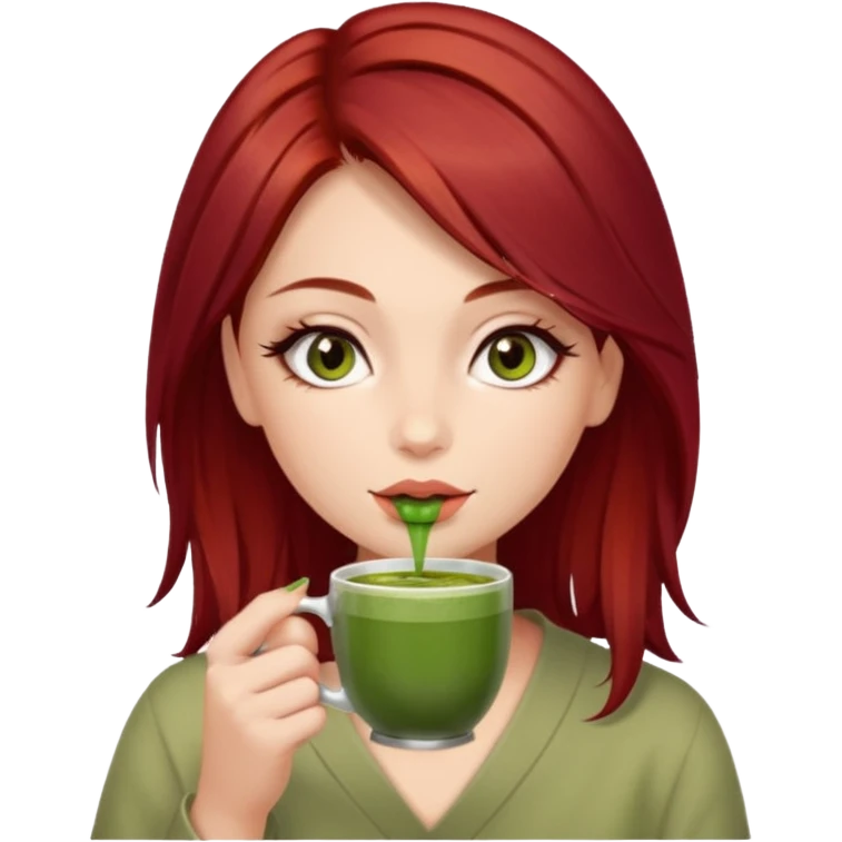 beautiful brunette with slightly cherry red tinted hair , with dark hazel eyes (let's call her kami), sipping matcha emoji