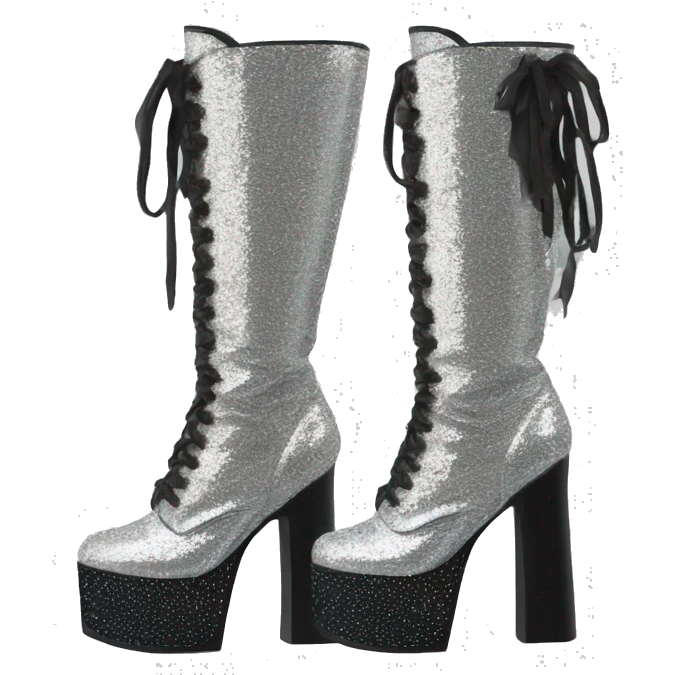 silver sparkly platform boots with black heart on side emoji
