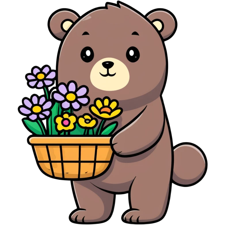 bear carrying a basket of wildflowers, soft pastel brown and cream emoji