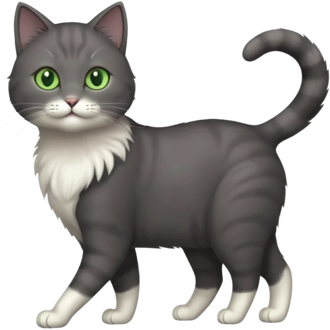 full body gorgeous solid dark grey cat with green eyes, white paws and white whiskers walking emoji