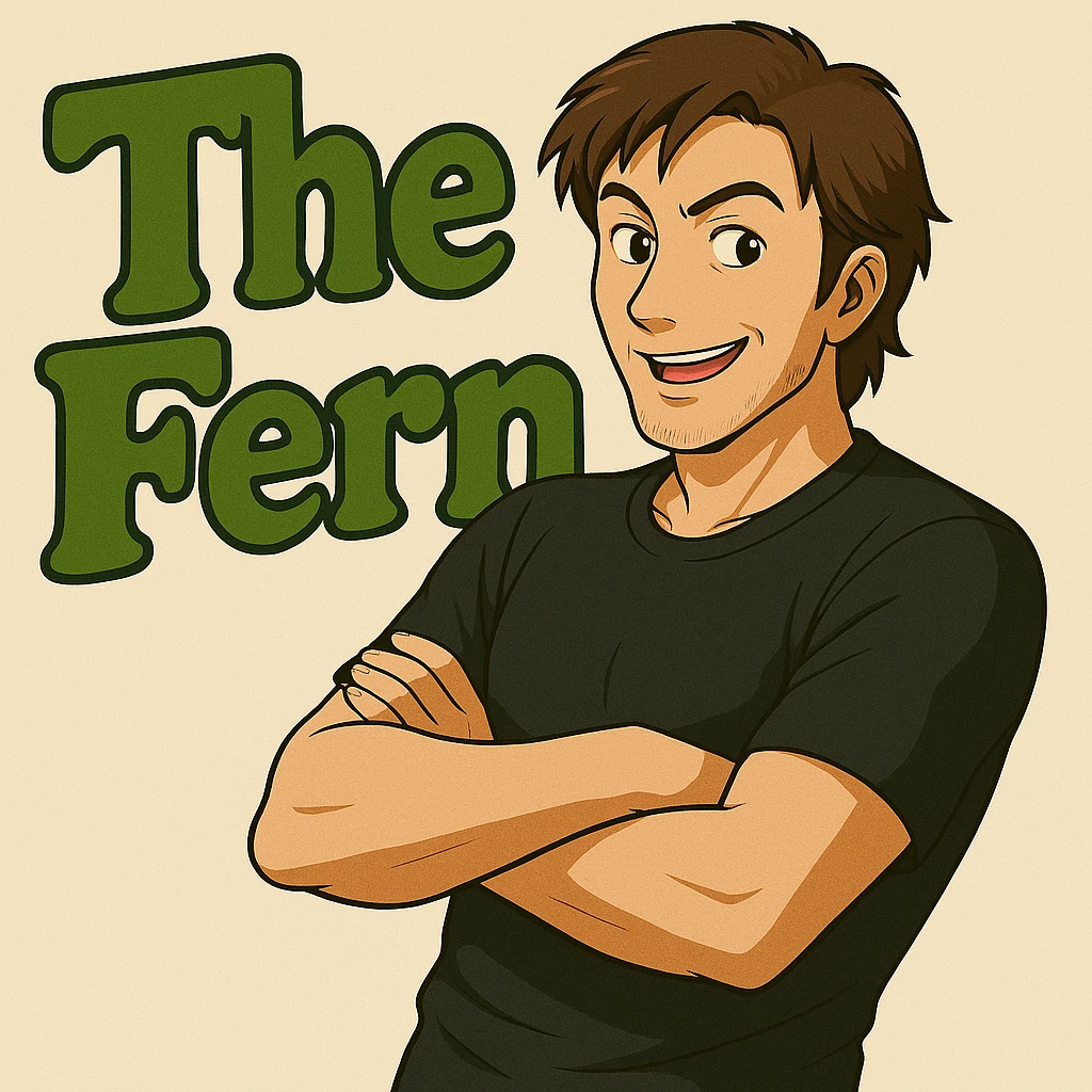 Make the brunette anime man look a little older (late 20s to early 30s) with more mature facial features, still leaning to the side with arms crossed, in front of green bubble letters that say 'The Fern'. He should have a black t-shirt, no jacket, medium-length brown hair, and an expressive anime face. Keep the playful, bold vibe as in the original style. emoji