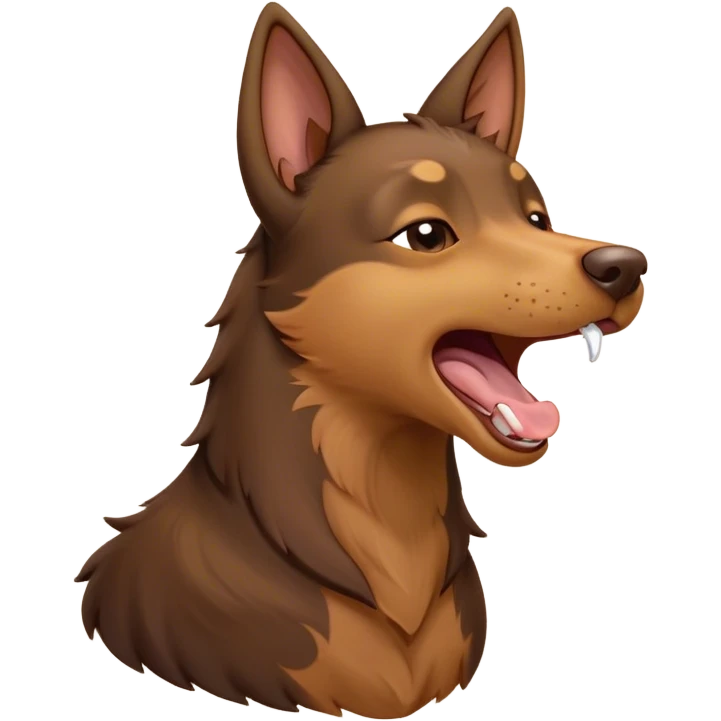 Cinematic Cute Yawning Brown and Tan Kelpie Portrait Emoji, Head tilted slightly with a dramatic, wide-open yawn, showcasing a smooth brown Fur with distinct tan highlights, floppy ears slightly drooping, round warm eyes barely open in drowsy contentment, Simplified yet irresistibly adorable features, highly detailed, glowing with a soft, cozy glow, high shine, relaxed yet expressive, stylized with a touch of whimsy, bright and endearing, soft glowing outline, capturing the essence of a sleepy yet affectionate herder, so drowsy it feels like it could stretch out of the screen and curl up for a nap! emoji