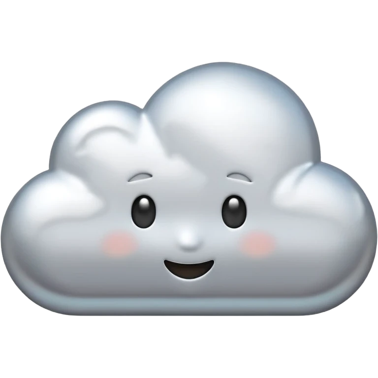A cute cloud emoji made of silver chrome, smooth rounded shape, glossy metallic surface, soft reflections, minimal and friendly design, iOS emoji style, centered, clean white background, soft lighting emoji