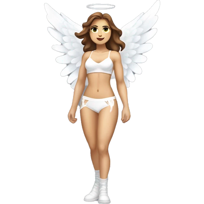Athletic, muscular female angel figure with brown hair, wearing white lingerie-style outfit in a tasteful manner. Include angelic wings emoji