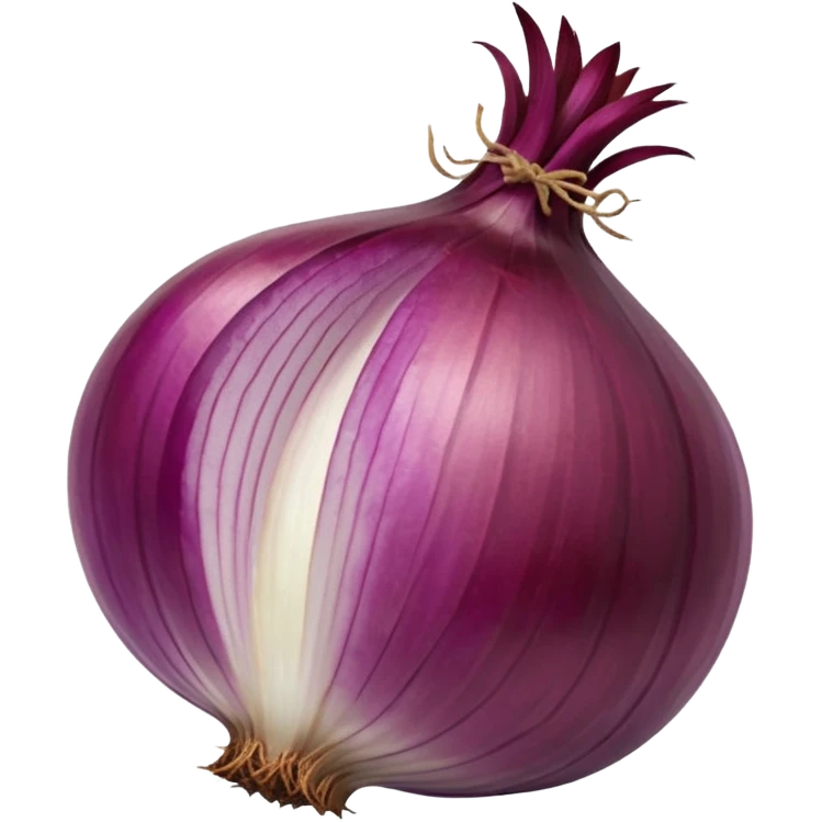whole red onion, unpeeled, shiny purplish-red skin, dried stem on top, dry root strands at base, no face, no cut emoji