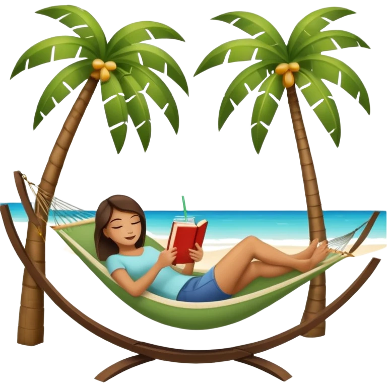 woman lying on a hammock between two palm trees, holding a book in one hand and a fresh drink next to her, symbol of relaxation, isolated on white background emoji