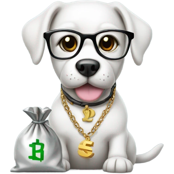 Dog with glasses and a silver necklace with a money bag emoji