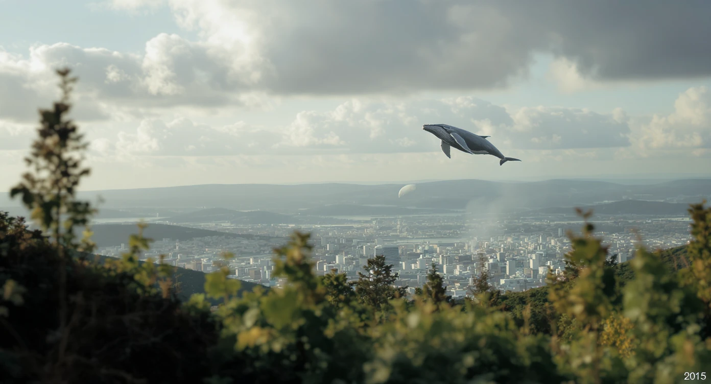 A cinemaatic still of a city, blurred plants in the foreground, whales fly above city sky, rolling hills in the background, cinematic depth of field, layered composition, natural lighting emoji