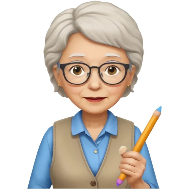 woman teacher, old, wearing vest, wearing glasses, hold chalk on their hand emoji