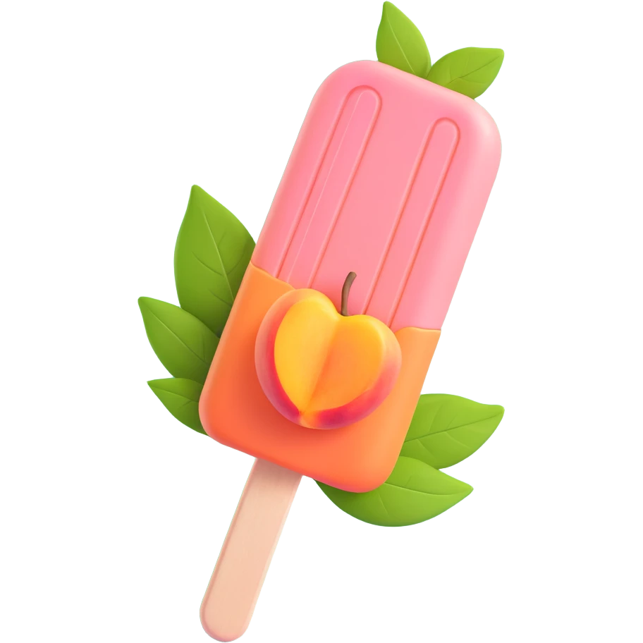 A peach-flavored popsicle with two peaches and green leaves inside, on a stick. The popsicle is light pink with a darker pink outline. emoji