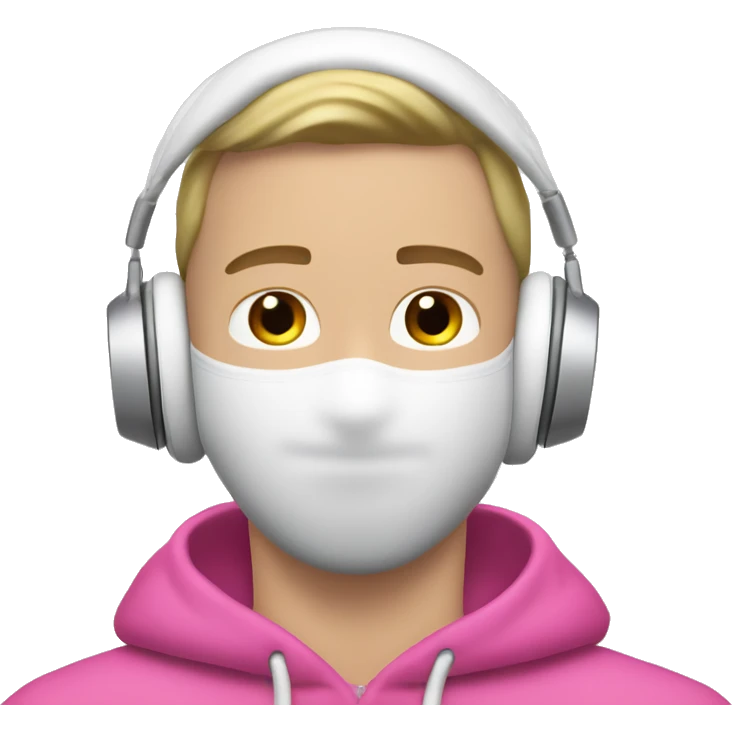 white guy in pink balaclava listening to music on Silver AirPods Max emoji
