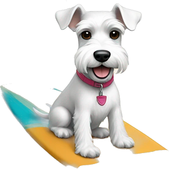 White mini schnauzer riding surf board emoji