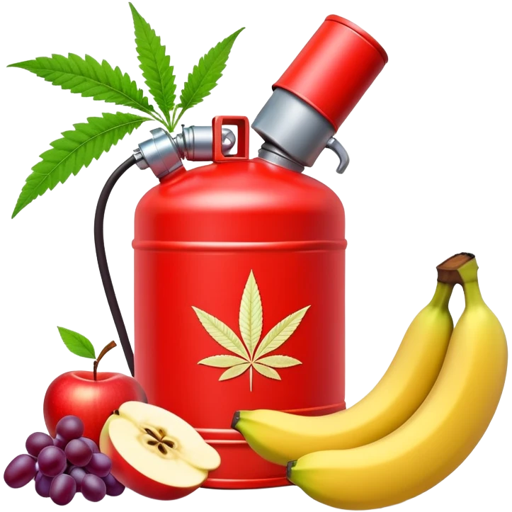 bright red gasoline canister surrounded by a banana, an apple, grapes, and a cannabis leaf, red fuel can with fruits and marijuana leaf arranged around it emoji
