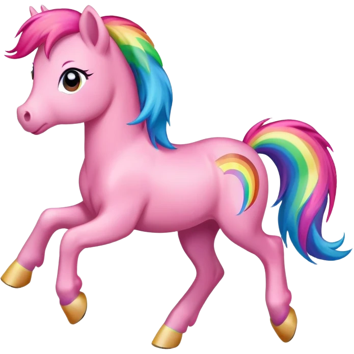 Realistic pink pony with rainbow hair full height running emoji