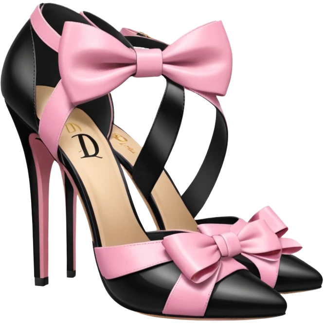 Strappy pink and black high heels with bows on front with “d” logo on them emoji