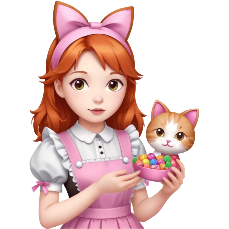A girl maid with ginger hair, pale skin and dark brown eyes, her colour is pink (dress and more), have candies and ribbons in the hair, cat ears too emoji