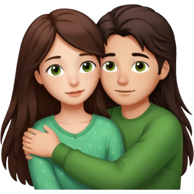 Girl and boy couple Both peach skin and darkish brown hair, give girl freckles HUGgING EMOJI give girl long hair, green brown eyes too emoji