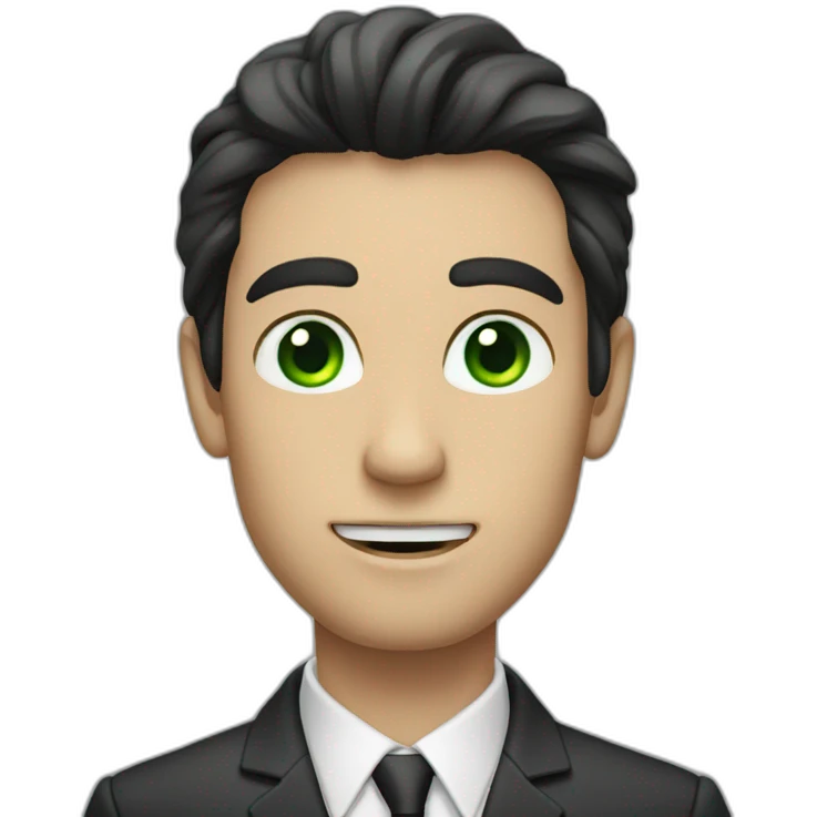 a man with long dark hair in a suit, green eyes emoji