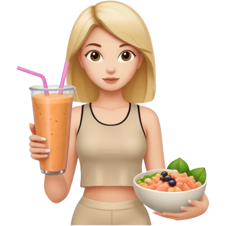a young woman in a beige top and leggings and white sneakers with a passion fruit smoothie in one hand and a salmon poke bowl in the other hand emoji