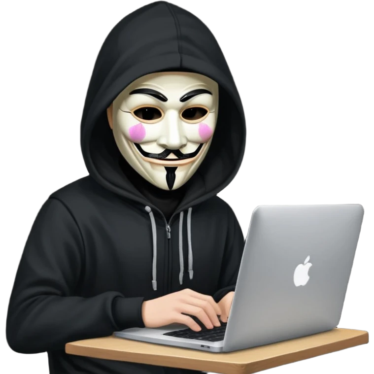 guy fawkes mask black hoodie typing on macbook emoji