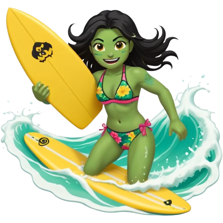 ork female holding small yellow bodyboard, running through shallow turquoise waves, muscular green body, bright floral bikini, fierce joyful grin showing tusks, long wet dark hair splashing, foam and spray, minimalist beach and ocean background, centered emoji, vibrant summer colors, sticker style emoji