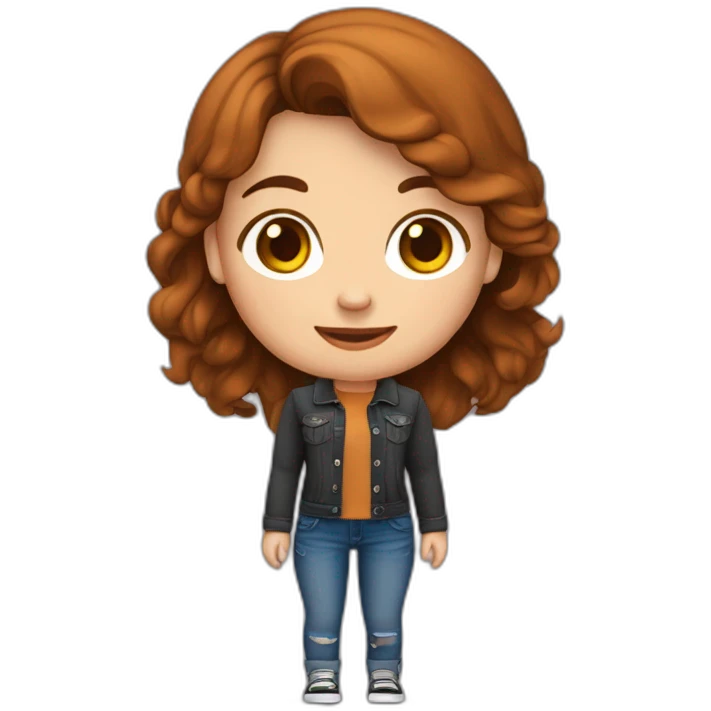 Meisje met bruin haar, bruine ogen, jeansbroek, donkere trui, bleke huidskleur emoji