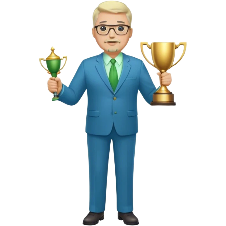 Full Body white middle aged male plus size wearing glasses with a goatee with light blonde and gray very short hair basketball head Coach in blue and green suit holding trophy emoji