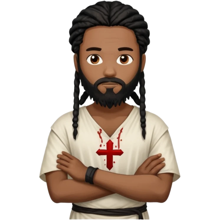 African American man with shoulder length black dreadlocks with black beard wearing a white blood stained white tunic with arms folded together across chest emoji