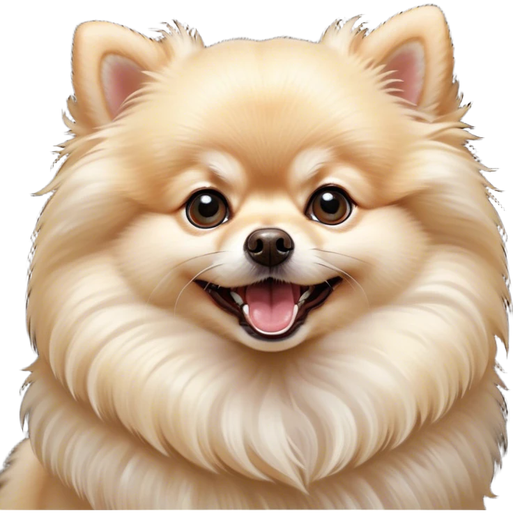Cinematic Comical Cream Pomeranian Portrait Emoji, Head tilted dramatically with an exaggeratedly shocked or amused expression, featuring a glossy, fluffy cream Fur with a radiant sheen, wide, expressive dark eyes filled with playful disbelief, Simplified yet hilariously expressive features, highly detailed, glowing with a slightly sassy glow, high shine, dramatic yet playful, stylized with an air of cheeky mischief, bright and endearing, soft glowing outline, capturing the essence of a spirited and over-the-top companion, so meme-worthy it feels like it could side-eye its way into internet fame instantly! emoji