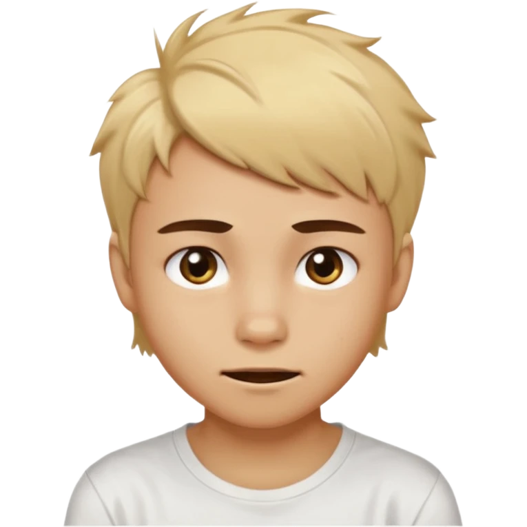caramel skin color. Teen age. Short buzz, messy blonde hair, dark brown bushy eyebrows large expressive golden-brown eyes, brown skin color, scar over nose, wearing a plain white t-shirt. Awkward smirk with visible teeth. emoji