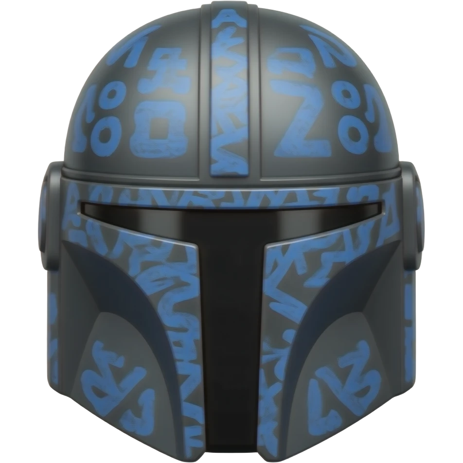 A black Mandalorian helmet that has blue markings all over it emoji