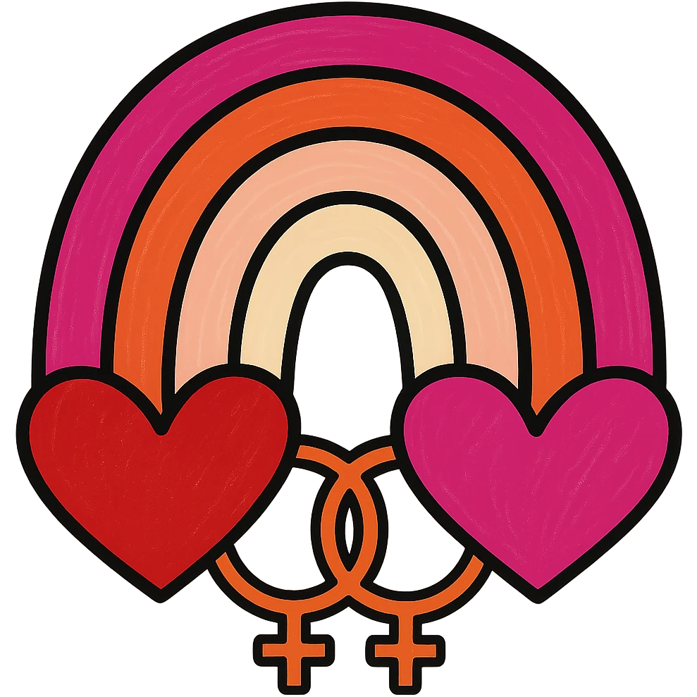 Make the rainbow with hearts more explicitly lesbian by using the lesbian pride flag colors and adding double venus or interlocked female symbols. Keep it bright and cheerful, no text, with no background. emoji