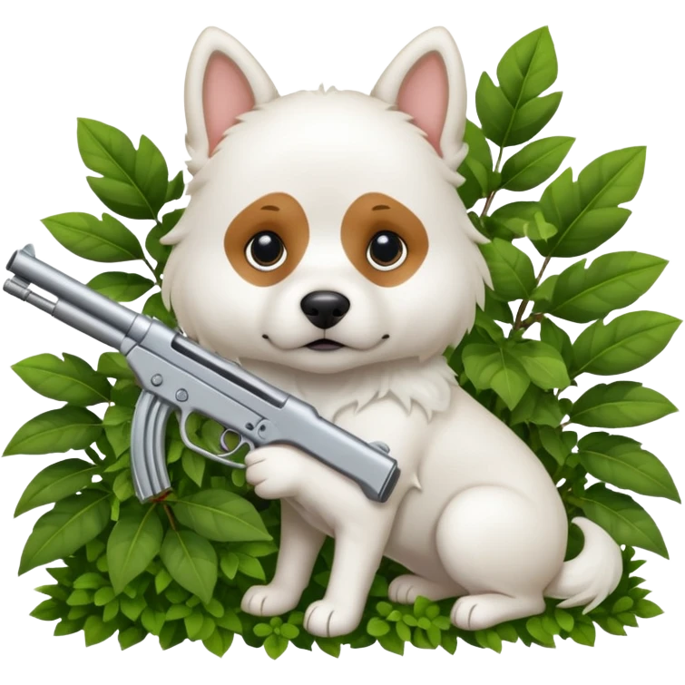 A dog hiding in the bushes with a gun, white fur, serious expression. emoji