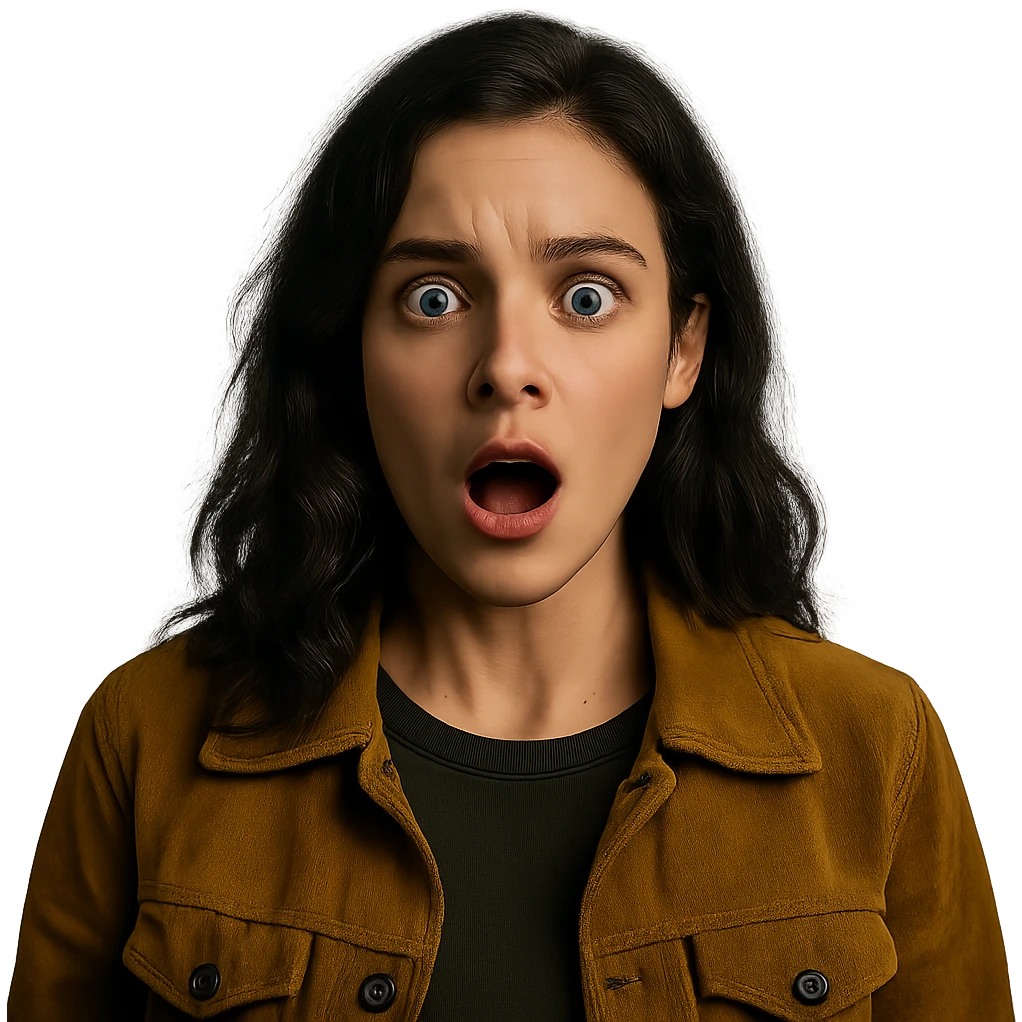 Create a centered portrait of the same woman with a surprised expression, transparent background, in the style of a Netflix series. emoji