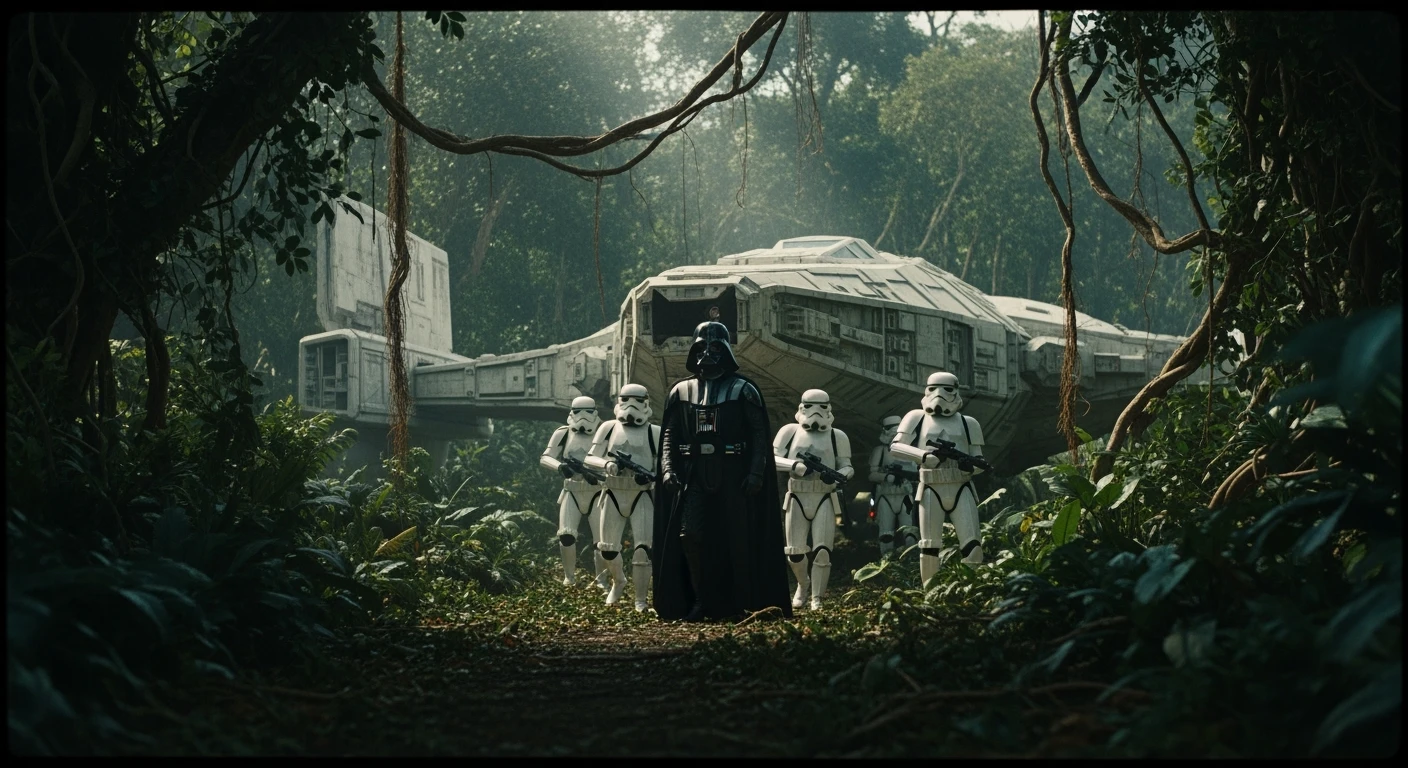 cinematic still, Closeup shot, amazon jungle, frame within a frame), Darth Vader around stormtroopers coming out from starship on ground, they are exploring the jungle, inspired by StarWars movie, captured by arri alexa emoji