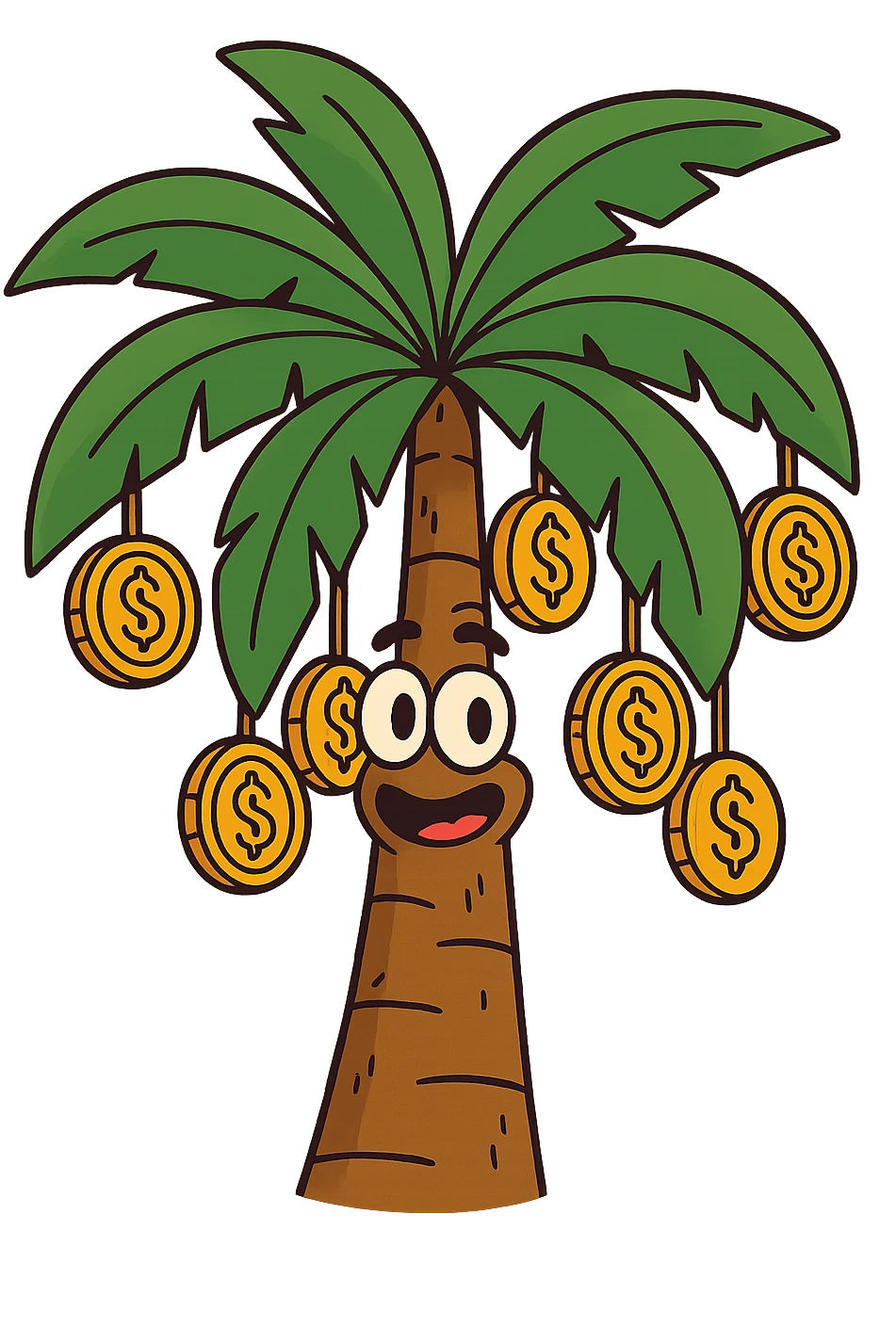 palm tree with golden coins hanging as fruit, flat modern style, bright saturated colors with greens, golds, reds, minimal but expressive, universal look emoji