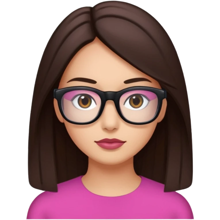 une ado, brune aux cheuveux tres fonces longs lisses blanche, ,lunettes carres/ rectanglesnoires, yeux bruns joues rose, haut noir emoji