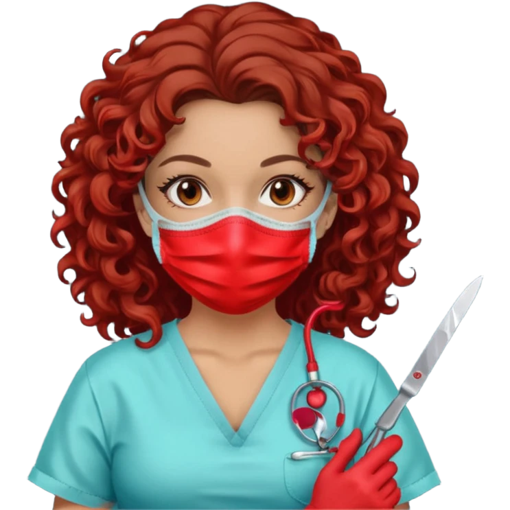 Lilith symbol seductress evil surgeon. curly, long hair. brown hair. Red surgical mask and hair covering. She works for cartel and kills  with a scalpel. emoji