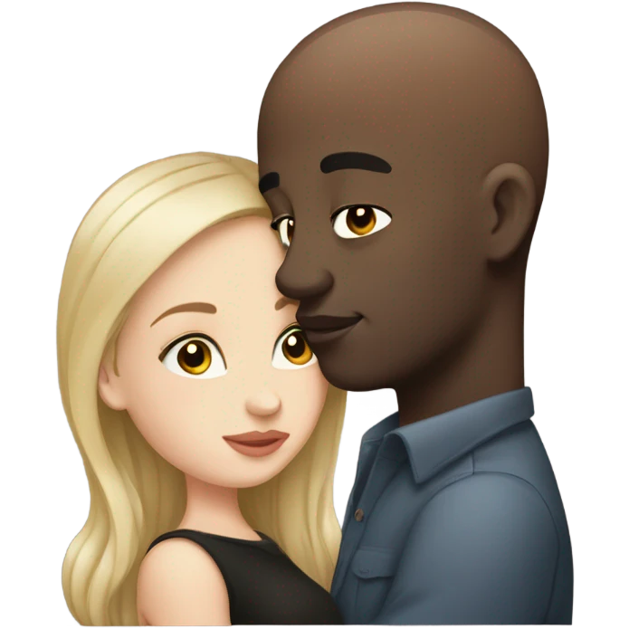 White girl dark hair kissing bald black man emoji