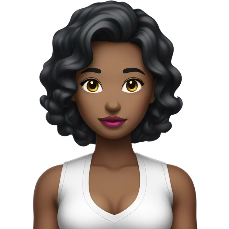girl, black thick wavy hair, middle hair parting, juicy pink lips, white skin, long hair, white vest top, no necklace, small chest area emoji