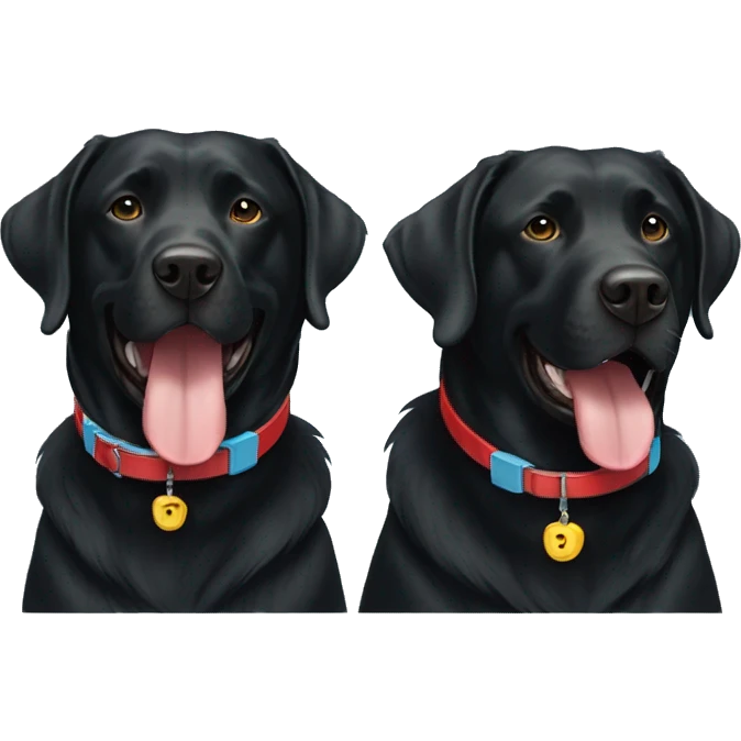 2 happy adult black labradors, one with red collar, one with light blue collar,side by side. emoji