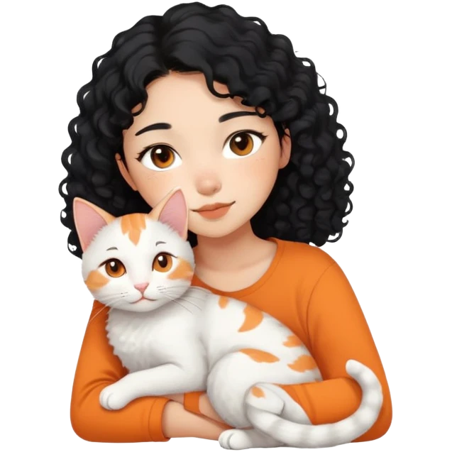 Asian girl with curly black hair and the cat is lying on her shoulder, cat is mostly white with orange markings, tender moment emoji