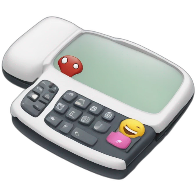 Hand holding a clamshell design flip phone and texting emoji