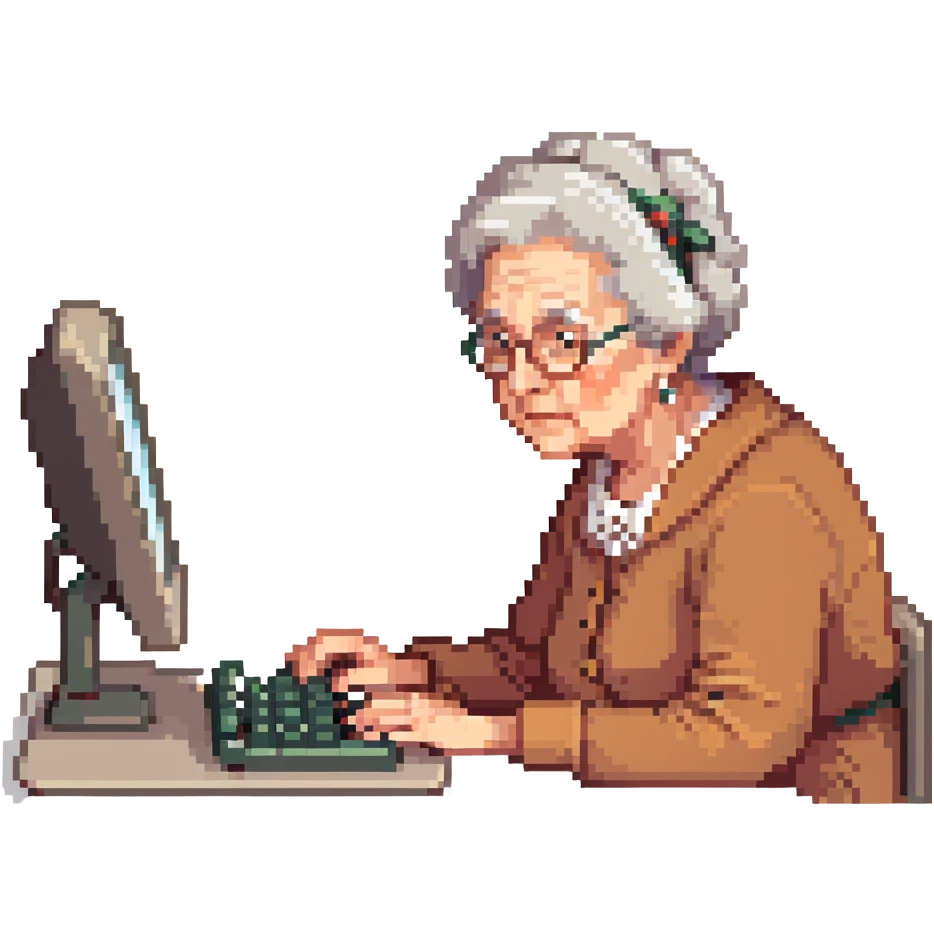 grandma typing on a computer on black background emoji