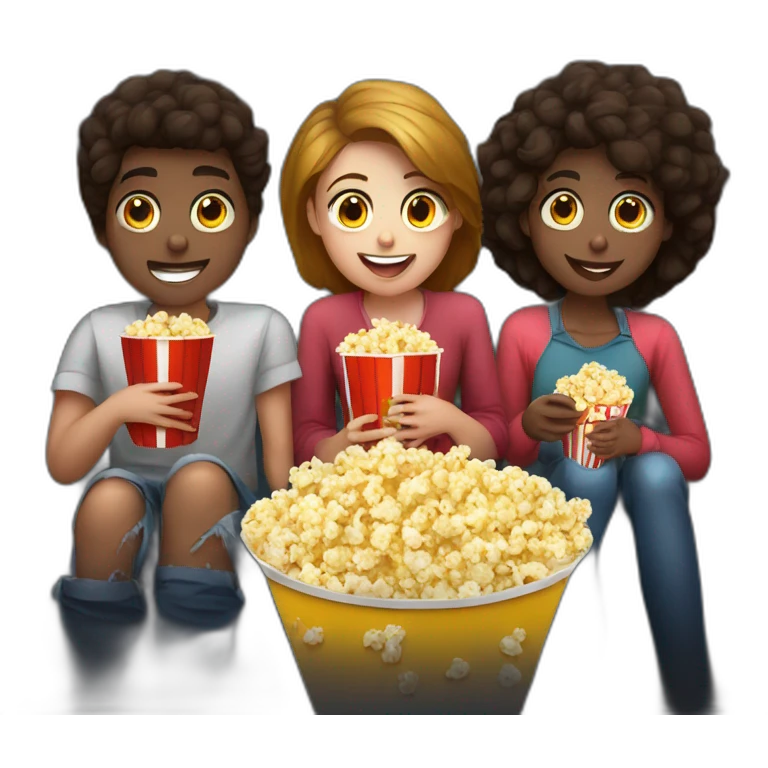 3 teenagers, watching movie at the cinema eating popcorn, dark background emoji