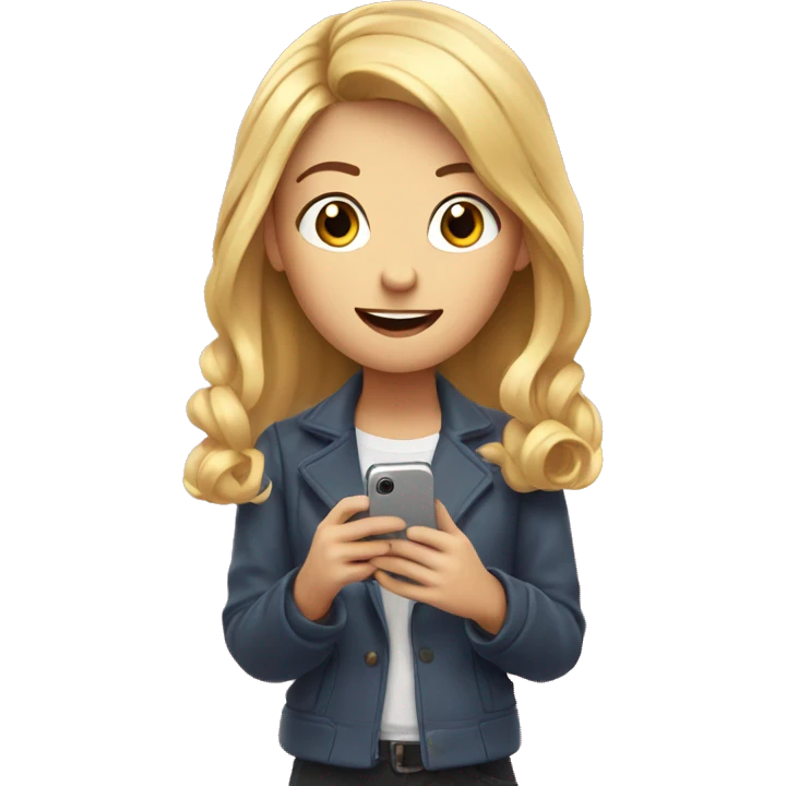 A girl with fair hair holds a phone in her hands and conducts a live broadcast emoji