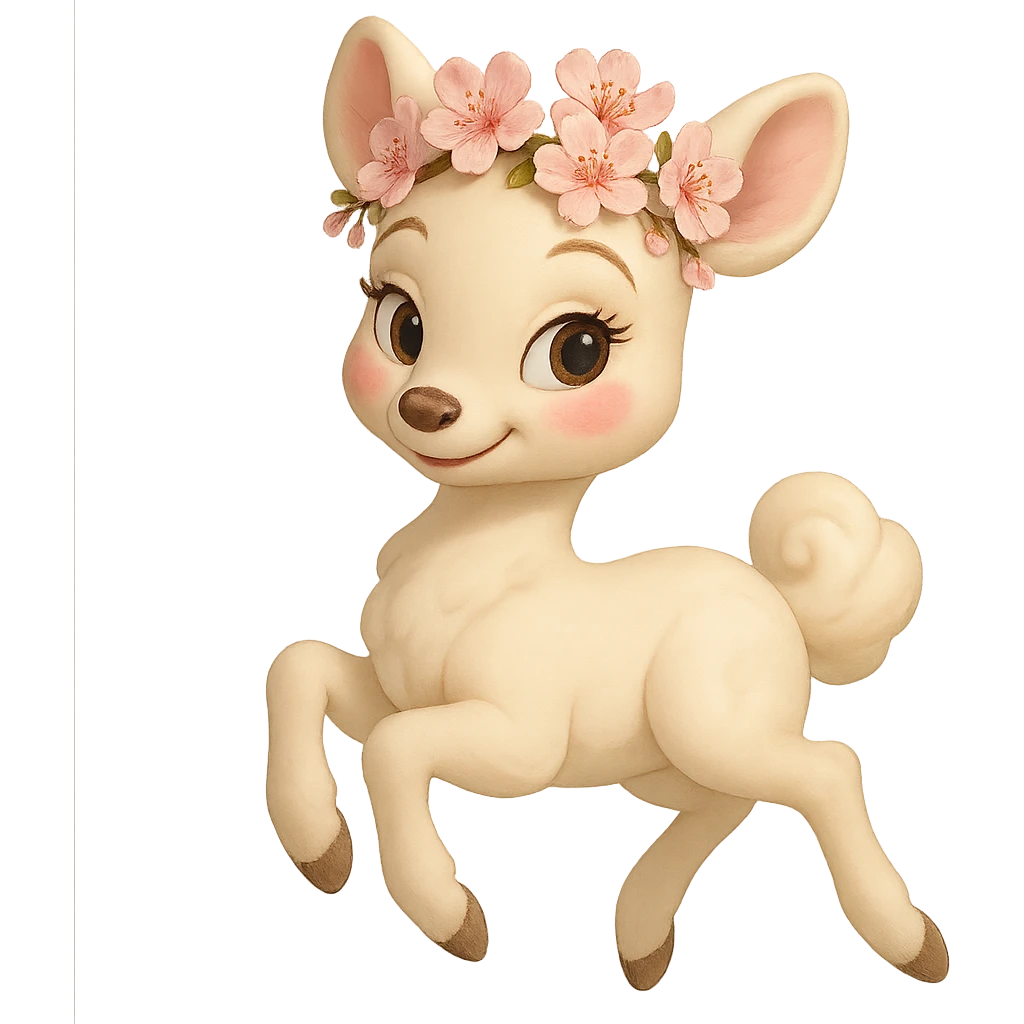 Pixar-inspired feminine vanilla cloud doe, rosy cheeks, cherry blossom crown, floating gracefully emoji