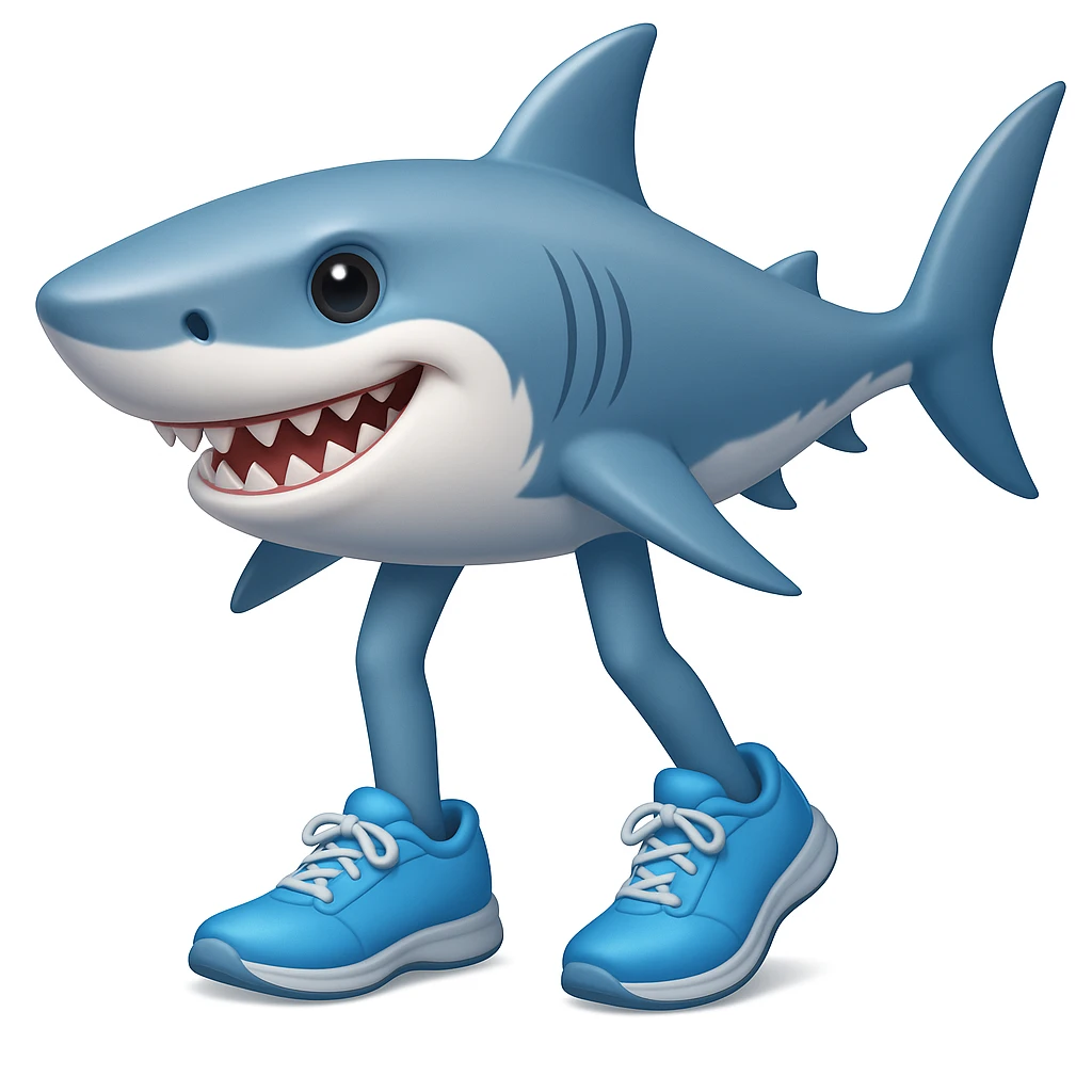 Add legs to the shark so it is actually wearing the blue shoes, keeping the style similar to emoji style (apple style emojis). emoji